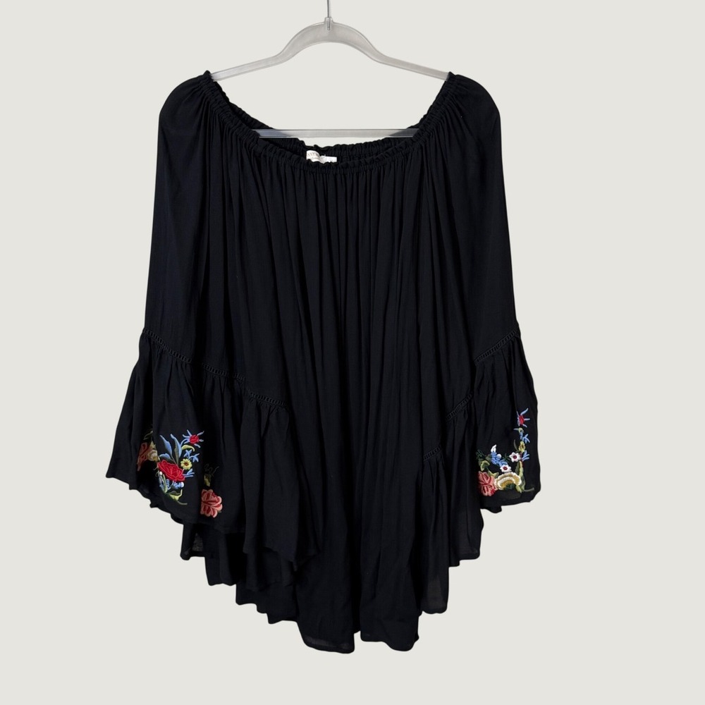 Johnny Was Embroidered Bell Sleeve Blouse Black Floral XL Flowy Boho Cottagecore